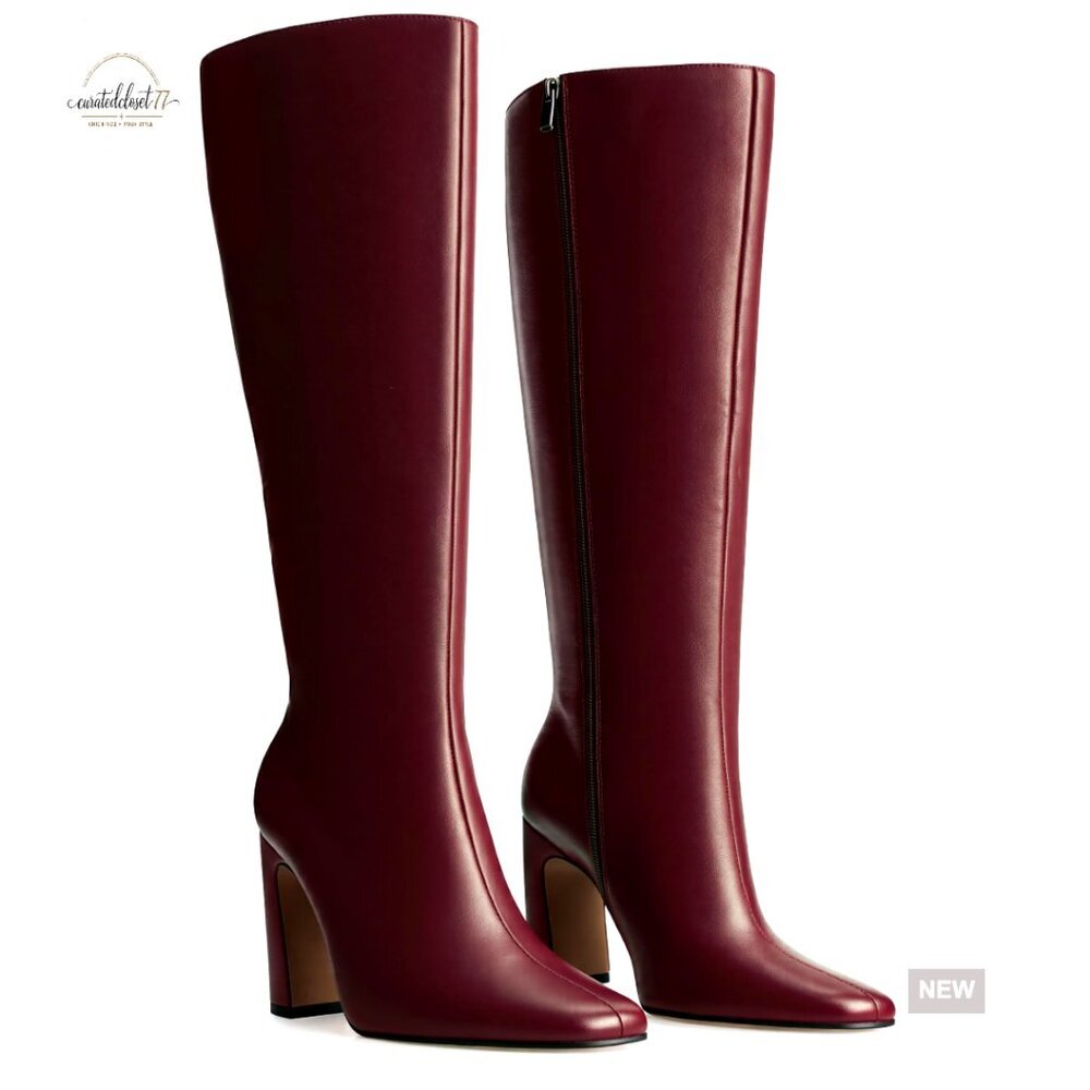 Knee High Boots Chunky Block Heel Square Toe Faux Leather Fashion Tall Dress